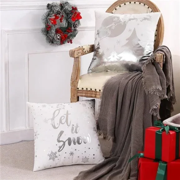 Set of 4, Christmas Decorations Silver and White Christmas Pillow Covers 18x18" - Picture 7 of 9